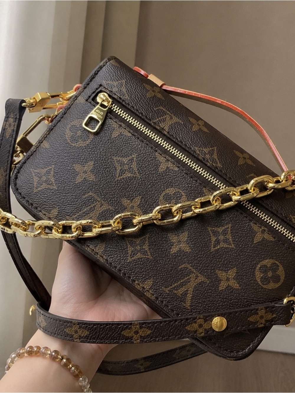 Louis Vuitton Monogram Pochette Crossbody with Gold Hardware and Orange Trim - Picture 3 of 4